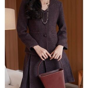 Elegant Burgundy Tweed Two-Piece Set (Jacket + Skirt) – Size S